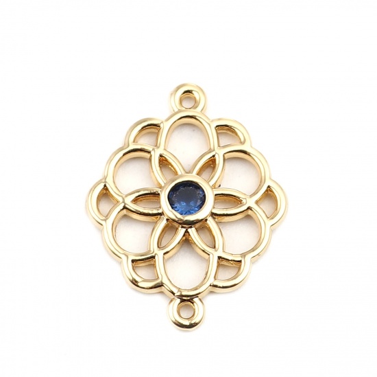 Picture of Brass Connectors Flower 18K Real Gold Plated Hollow Blue Rhinestone 20mm x 15mm, 2 PCs