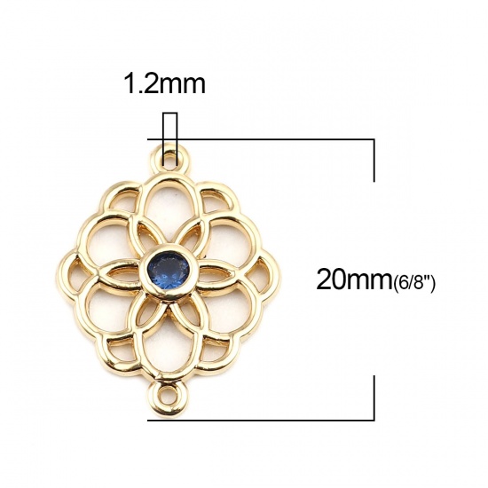 Picture of Brass Connectors Flower 18K Real Gold Plated Hollow Blue Rhinestone 20mm x 15mm, 2 PCs