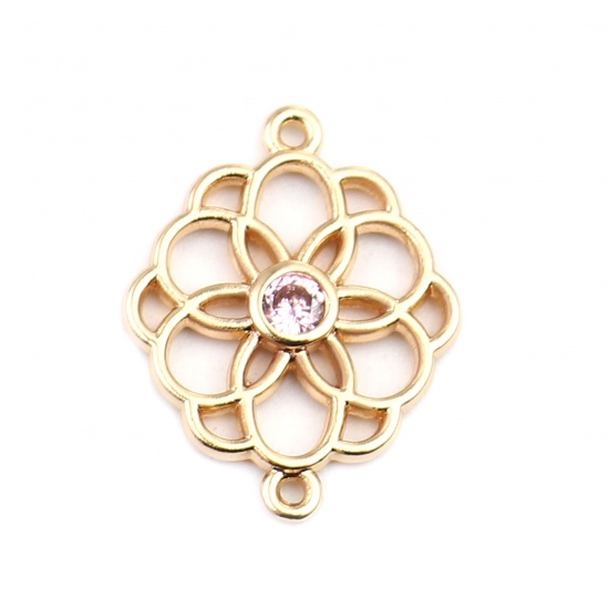 Picture of Brass Connectors Flower 18K Real Gold Plated Hollow Light Pink Rhinestone 20mm x 15mm, 2 PCs