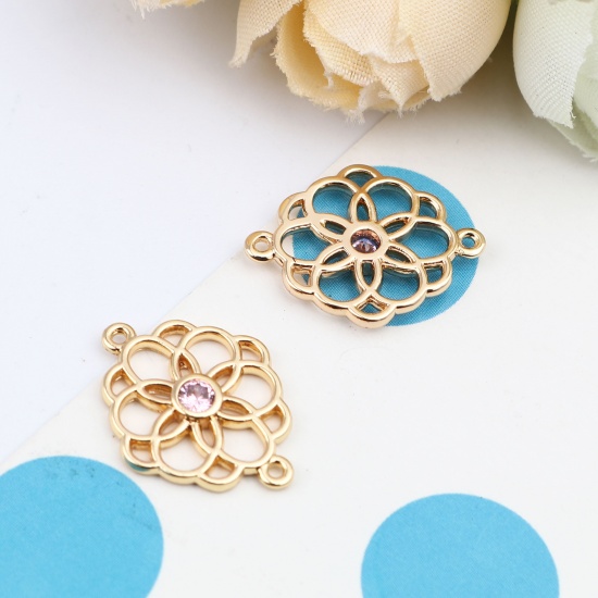 Picture of Brass Connectors Flower 18K Real Gold Plated Hollow Light Pink Rhinestone 20mm x 15mm, 2 PCs