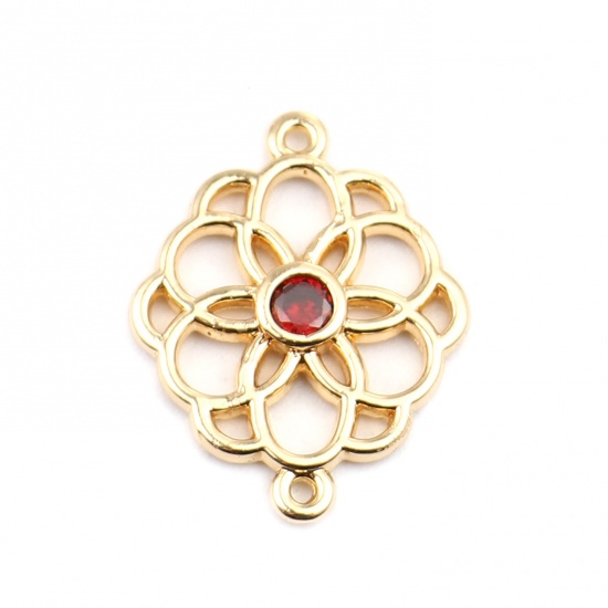 Picture of Brass Connectors Flower 18K Real Gold Plated Hollow Wine Red Rhinestone 20mm x 15mm, 2 PCs