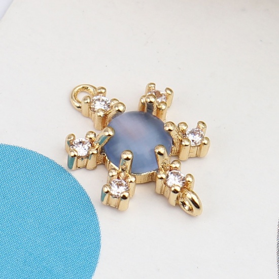 Image de Connecteurs en Laiton Fleur Plaqué Or Véritable 18K à Strass Bleu Gris 14mm x 10mm, 1 Pièce