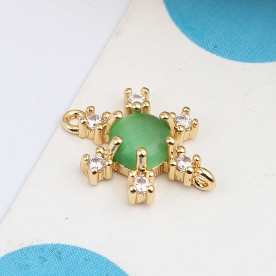 Image de Connecteurs en Laiton Fleur Plaqué Or Véritable 18K à Strass Vert 14mm x 10mm, 1 Pièce