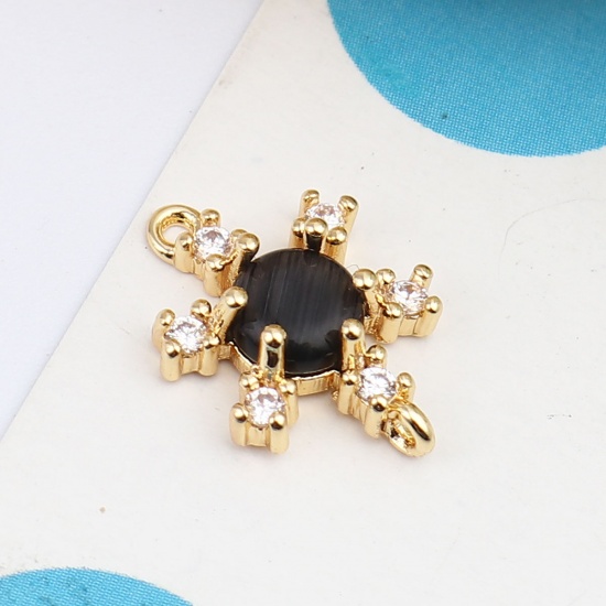 Image de Connecteurs en Laiton Fleur Plaqué Or Véritable 18K à Strass Noir 14mm x 10mm, 1 Pièce