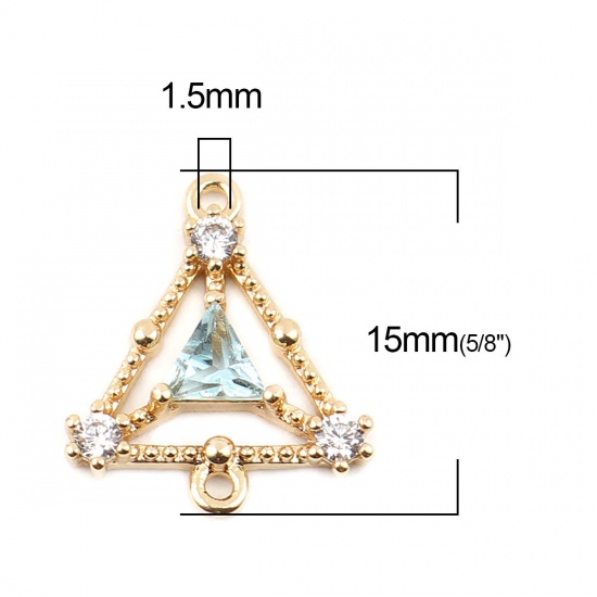 Picture of Brass Connectors Triangle 18K Real Gold Plated Hollow Light Blue Rhinestone 15mm x 13mm, 1 Piece