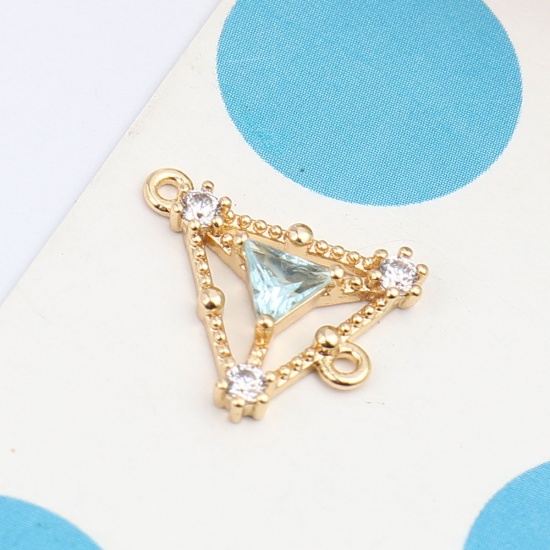 Picture of Brass Connectors Triangle 18K Real Gold Plated Hollow Light Blue Rhinestone 15mm x 13mm, 1 Piece