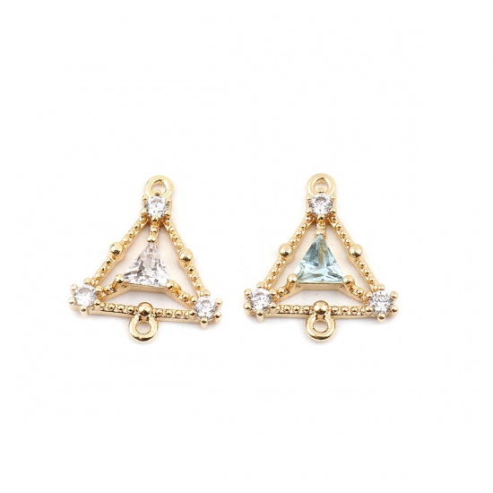 Picture of Brass Connectors Triangle 18K Real Gold Plated Hollow Light Blue Rhinestone 15mm x 13mm, 1 Piece