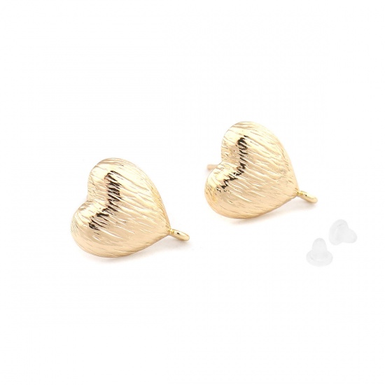 Imagen de Latón Pendientes 18K Oro Real Chapado Corazón W/ Lazo 16mm x 13mm, Post/ Wire Size: (20 gauge), 2 Unidades