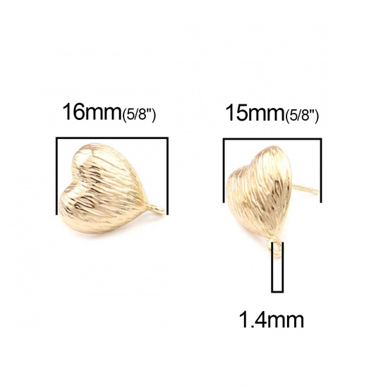 Imagen de Latón Pendientes 18K Oro Real Chapado Corazón W/ Lazo 16mm x 13mm, Post/ Wire Size: (20 gauge), 2 Unidades