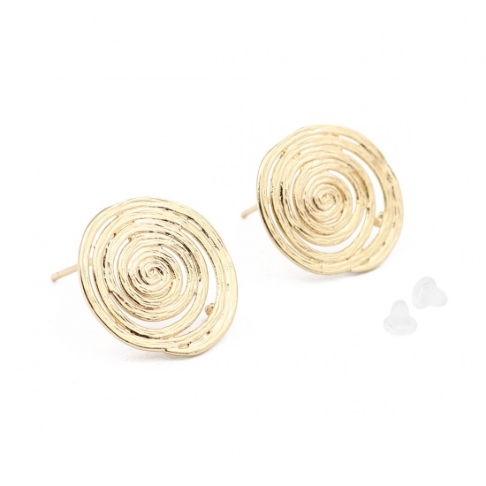 Picture of Brass Ear Post Stud Earrings 18K Real Gold Plated Spiral W/ Loop 17mm x 15mm, Post/ Wire Size: (21 gauge), 2 PCs