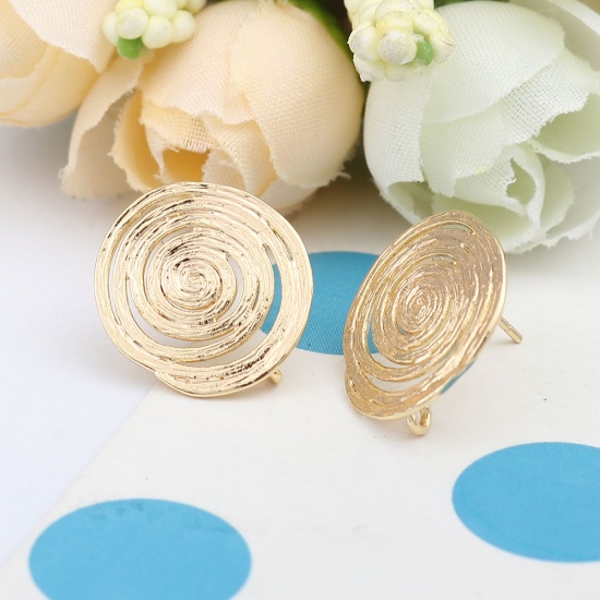 Picture of Brass Ear Post Stud Earrings 18K Real Gold Plated Spiral W/ Loop 17mm x 15mm, Post/ Wire Size: (21 gauge), 2 PCs