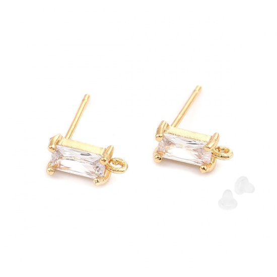 Picture of Brass Ear Post Stud Earrings 18K Real Gold Plated Rectangle W/ Loop Clear Rhinestone 9mm x 4mm, Post/ Wire Size: (21 gauge), 2 PCs                                                                                                                            