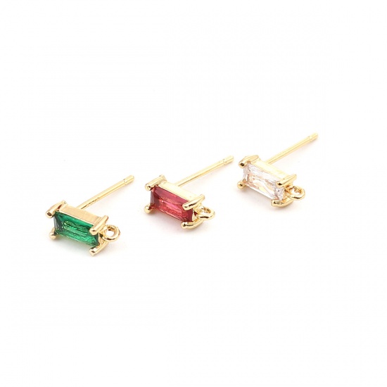 Picture of Brass Ear Post Stud Earrings 18K Real Gold Plated Rectangle W/ Loop Clear Rhinestone 9mm x 4mm, Post/ Wire Size: (21 gauge), 2 PCs                                                                                                                            
