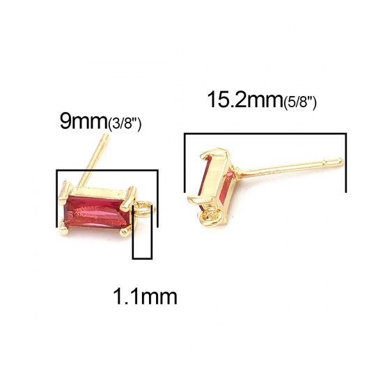 Picture of Brass Ear Post Stud Earrings 18K Real Gold Plated Rectangle W/ Loop Red Rhinestone 9mm x 4mm, Post/ Wire Size: (21 gauge), 2 PCs                                                                                                                              