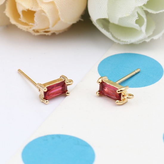 Picture of Brass Ear Post Stud Earrings 18K Real Gold Plated Rectangle W/ Loop Red Rhinestone 9mm x 4mm, Post/ Wire Size: (21 gauge), 2 PCs                                                                                                                              