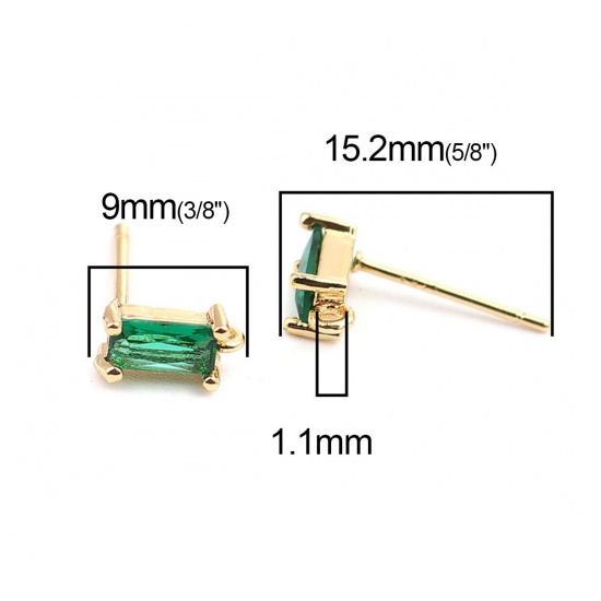 Picture of Brass Ear Post Stud Earrings 18K Real Gold Plated Rectangle W/ Loop Green Rhinestone 9mm x 4mm, Post/ Wire Size: (21 gauge), 2 PCs                                                                                                                            