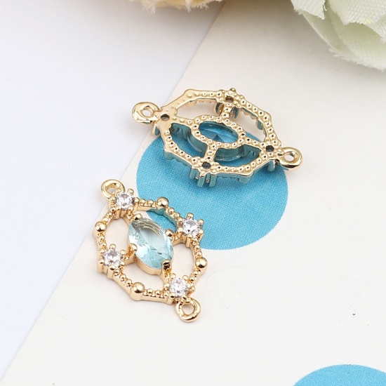 Picture of Brass Connectors Oval 18K Real Gold Plated Hollow Light Blue Rhinestone 18mm x 12mm, 2 PCs                                                                                                                                                                    