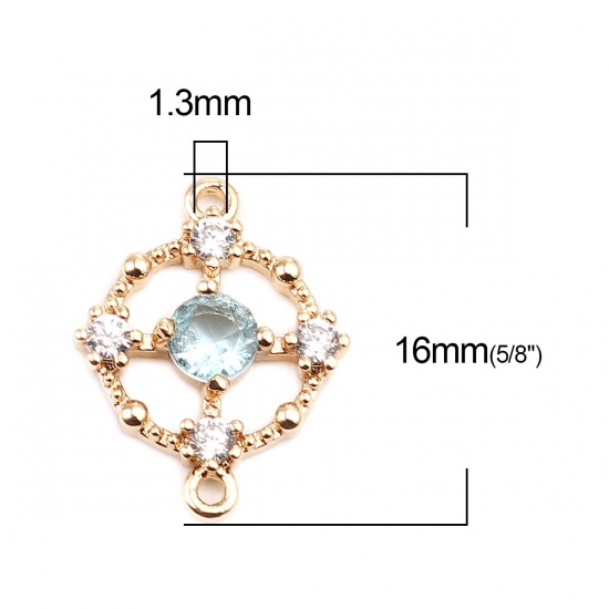 Image de Connecteurs en Laiton Rond Plaqué Or Véritable 18K Creux à Strass Bleu Clair 16mm x 12mm, 2 Pcs