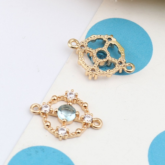 Image de Connecteurs en Laiton Rond Plaqué Or Véritable 18K Creux à Strass Bleu Clair 16mm x 12mm, 2 Pcs