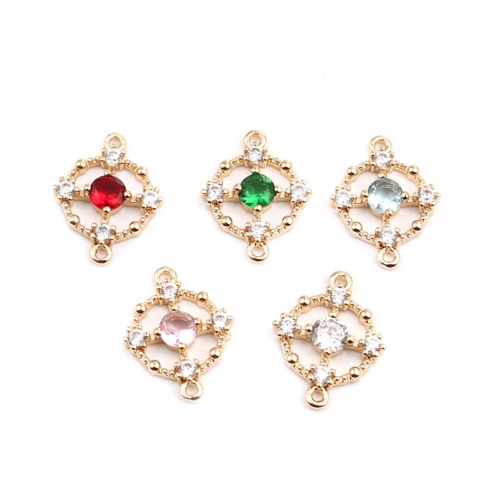 Image de Connecteurs en Laiton Rond Plaqué Or Véritable 18K Creux à Strass Bleu Clair 16mm x 12mm, 2 Pcs
