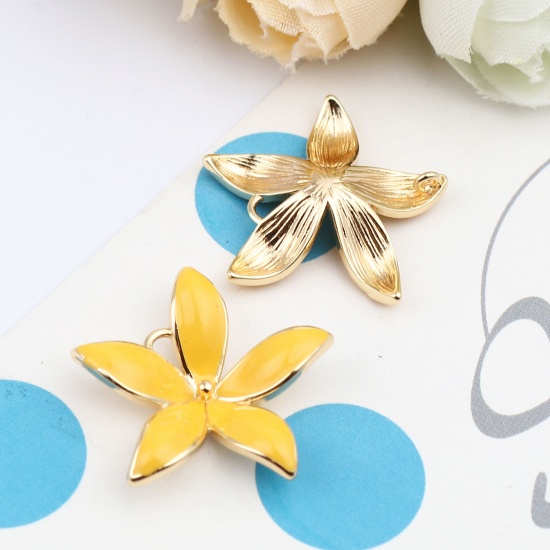 Image de Connecteurs en Laiton Fleur Plaqué Or Véritable 18K Jaune Émail 24mm x 23mm, 2 Pcs