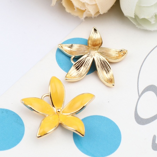 Picture of Brass Connectors Flower 18K Real Gold Plated Yellow Enamel 24mm x 23mm, 2 PCs                                                                                                                                                                                 