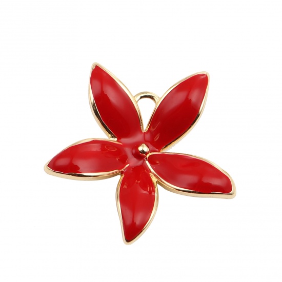 Image de Connecteurs en Laiton Fleur Plaqué Or Véritable 18K Rouge Émail 24mm x 23mm, 2 Pcs
