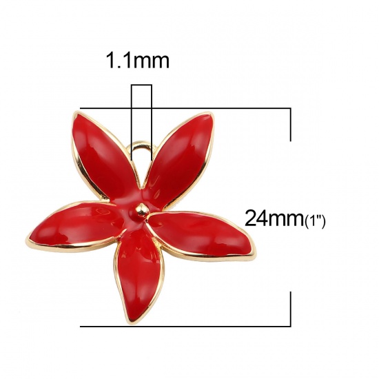 Picture of Brass Connectors Flower 18K Real Gold Plated Red Enamel 24mm x 23mm, 2 PCs                                                                                                                                                                                    