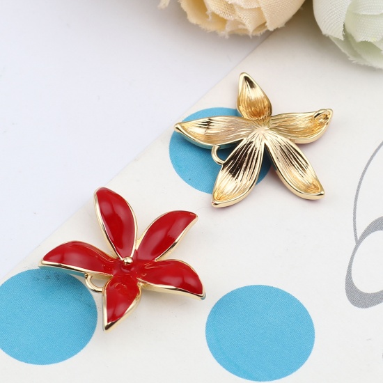 Image de Connecteurs en Laiton Fleur Plaqué Or Véritable 18K Rouge Émail 24mm x 23mm, 2 Pcs