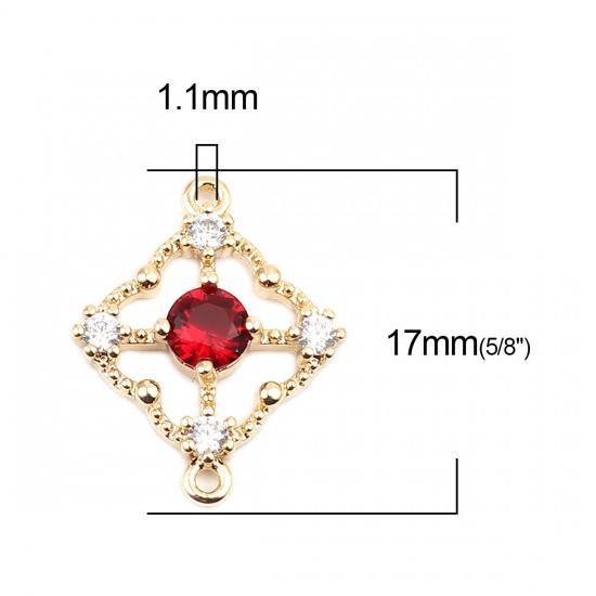 Picture of Brass Connectors Four Leaf Clover 18K Real Gold Plated Hollow Wine Red Rhinestone 17mm x 14mm, 2 PCs