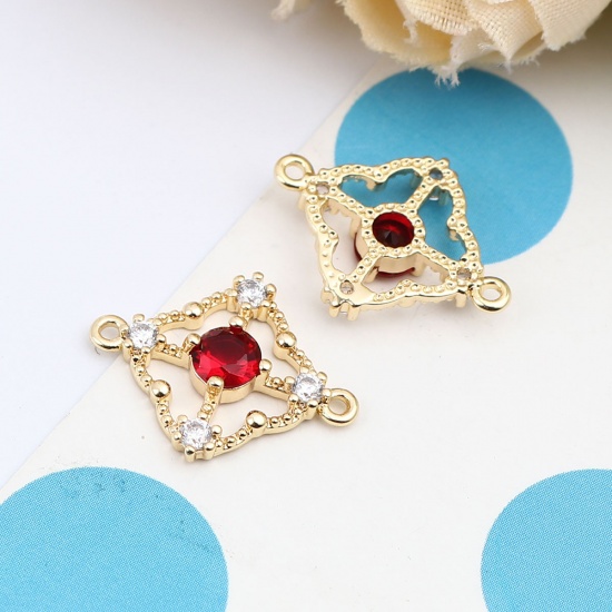 Picture of Brass Connectors Four Leaf Clover 18K Real Gold Plated Hollow Wine Red Rhinestone 17mm x 14mm, 2 PCs