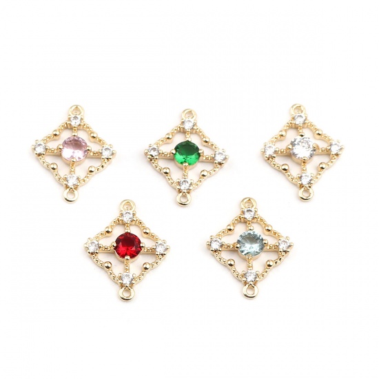 Picture of Brass Connectors Four Leaf Clover 18K Real Gold Plated Hollow Wine Red Rhinestone 17mm x 14mm, 2 PCs