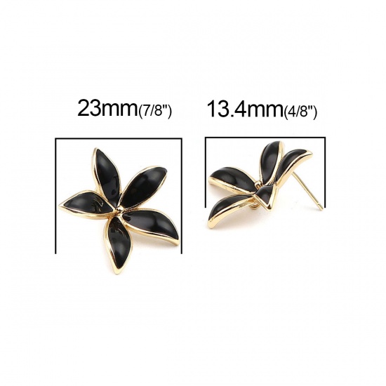 Imagen de Latón Esmalte Pendientes 18K Oro Real Chapado Negro Flor W/ Lazo 23mm x 22mm, Post/ Wire Size: (21 gauge), 2 Unidades