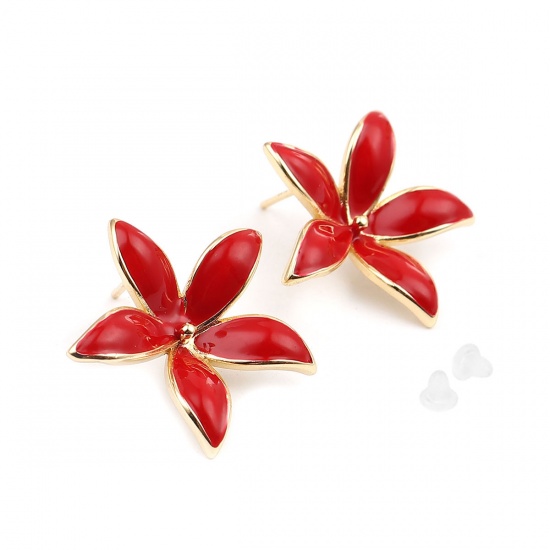 Imagen de Latón Esmalte Pendientes 18K Oro Real Chapado Rojo Flor W/ Lazo 23mm x 22mm, Post/ Wire Size: (21 gauge), 2 Unidades