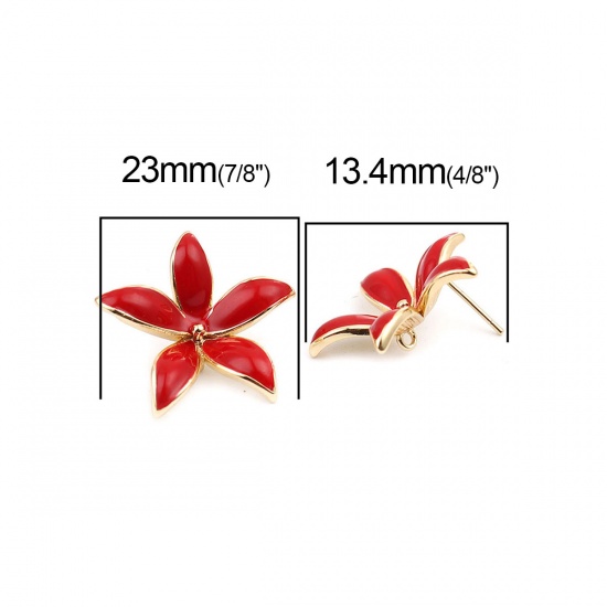 Imagen de Latón Esmalte Pendientes 18K Oro Real Chapado Rojo Flor W/ Lazo 23mm x 22mm, Post/ Wire Size: (21 gauge), 2 Unidades