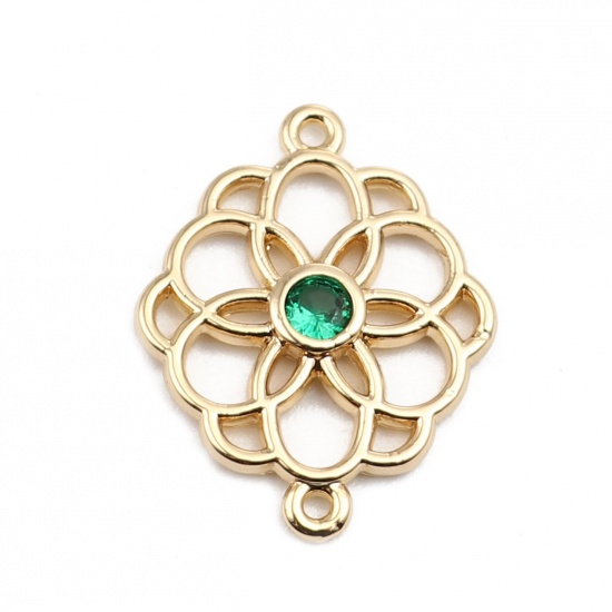 Picture of Brass Connectors Flower 18K Real Gold Plated Hollow Green Rhinestone 20mm x 15mm, 2 PCs