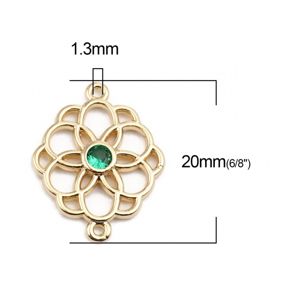 Picture of Brass Connectors Flower 18K Real Gold Plated Hollow Green Rhinestone 20mm x 15mm, 2 PCs