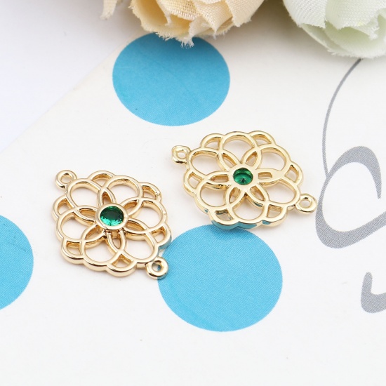 Picture of Brass Connectors Flower 18K Real Gold Plated Hollow Green Rhinestone 20mm x 15mm, 2 PCs