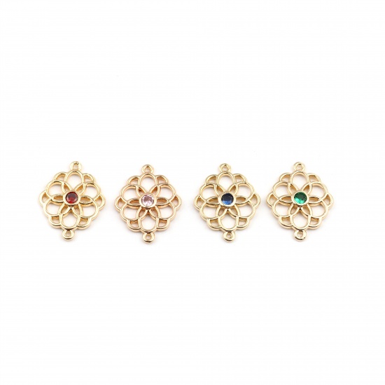 Picture of Brass Connectors Flower 18K Real Gold Plated Hollow Green Rhinestone 20mm x 15mm, 2 PCs
