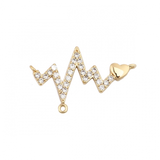 Bild von Messing Verbinder Herz 18K Vergoldet Medizinisches Elektrokardiogramm Transparent Strass 20mm x 13mm, 2 Stück