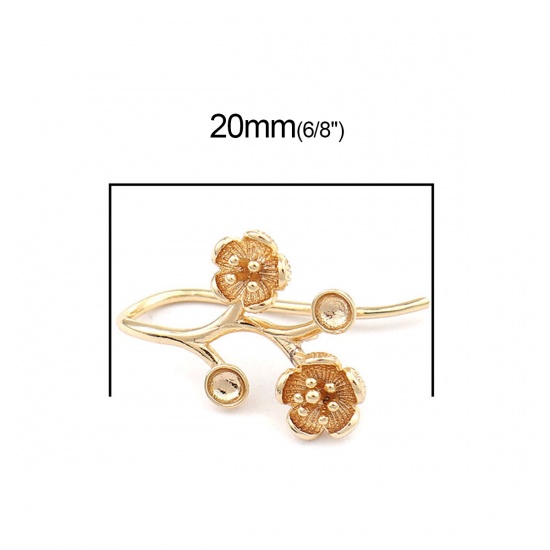 Picture of Brass Ear Wire Hooks Earring Findings 18K Real Gold Plated Flower Inlaid diamonds (Can Hold ss6 Pointed Back Rhinestone) 20mm x 14mm, Post/ Wire Size: (19 gauge), 2 PCs                                                                                      
