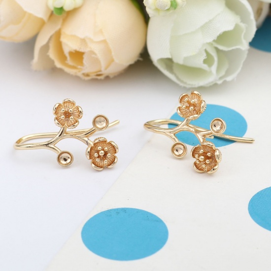 Picture of Brass Ear Wire Hooks Earring Findings 18K Real Gold Plated Flower Inlaid diamonds (Can Hold ss6 Pointed Back Rhinestone) 20mm x 14mm, Post/ Wire Size: (19 gauge), 2 PCs                                                                                      