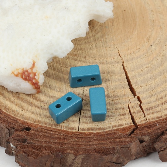 Picture of Zinc Based Alloy Enamel Spacer Beads Two Holes Trapezoid Peacock Blue About 8mm x 4mm, Hole: Approx 1mm, 10 PCs