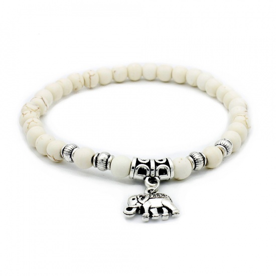 Image de Bracelets Raffinés Bracelets Délicats Bracelet de Perles en Turquoise Blanc ( Synthétique ) Argent Vieilli Blanc Rond Eléphants Elastique 19.5cm Long, 1 Pièce