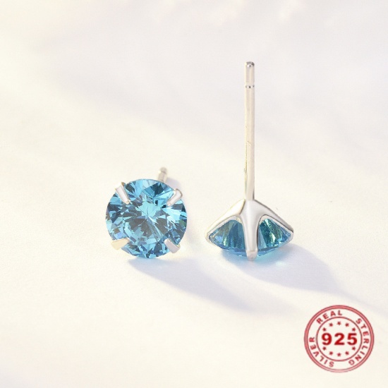 Bild von Sterling Silber & Zirkonia Geburtsstein Ohrpfosten Ohrstecker Ohrringe Platiniert Aquablau Rund März 5 mm Durchmesser, Pfosten / Draht Größe: (21 Gauge), 1 Paar