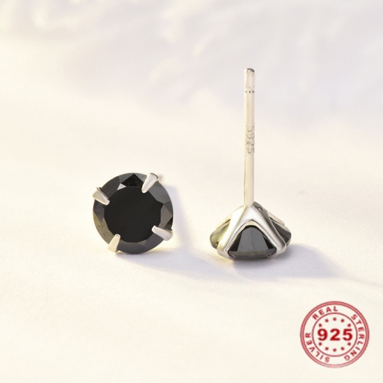 Image de Boucles d'Oreilles Puces en Argent Pur & Zircone Cubique Plaqué Platine Noir Rond 5mm Dia., Epaisseur de Fil: (21 gauge), 1 Paire