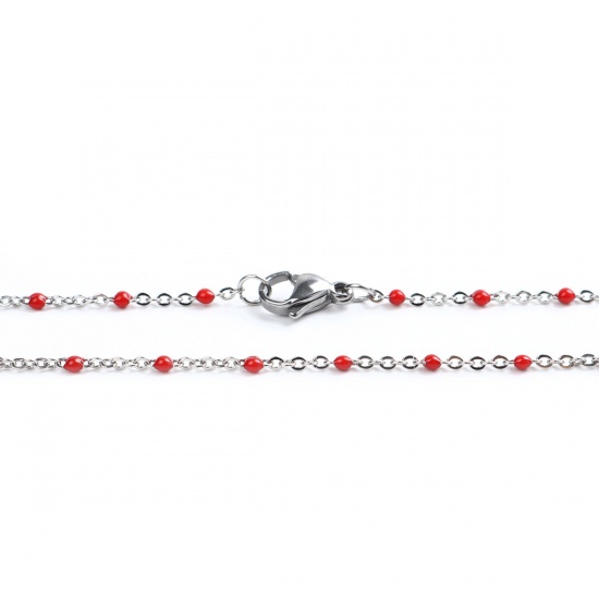 Bild von 304 Edelstahl Gliederkette Kette Halskette Silberfarbe Rot Emaille 60cm lang, 1 Strang