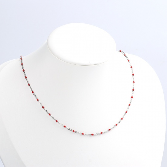 Bild von 304 Edelstahl Gliederkette Kette Halskette Silberfarbe Rot Emaille 60cm lang, 1 Strang