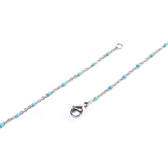 Picture of 304 Stainless Steel Link Cable Chain Necklace Silver Tone Light Blue Enamel 60cm(23 5/8") long, 1 Piece