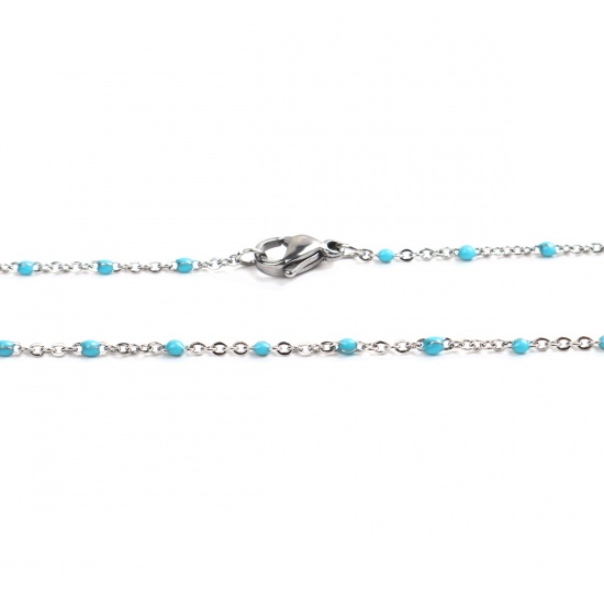 Bild von 304 Edelstahl Gliederkette Kette Halskette Silberfarbe Hellblau Emaille 60cm lang, 1 Strang